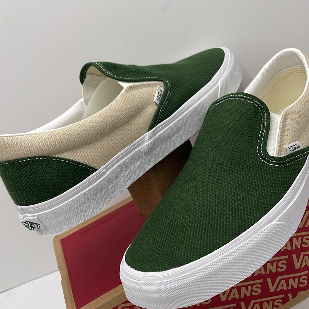 Vans Men’s Green and Cream Slip-On Sneakers 
Twill Turtledove/Green VN0A5JLXCOB - Picture 10 of 16